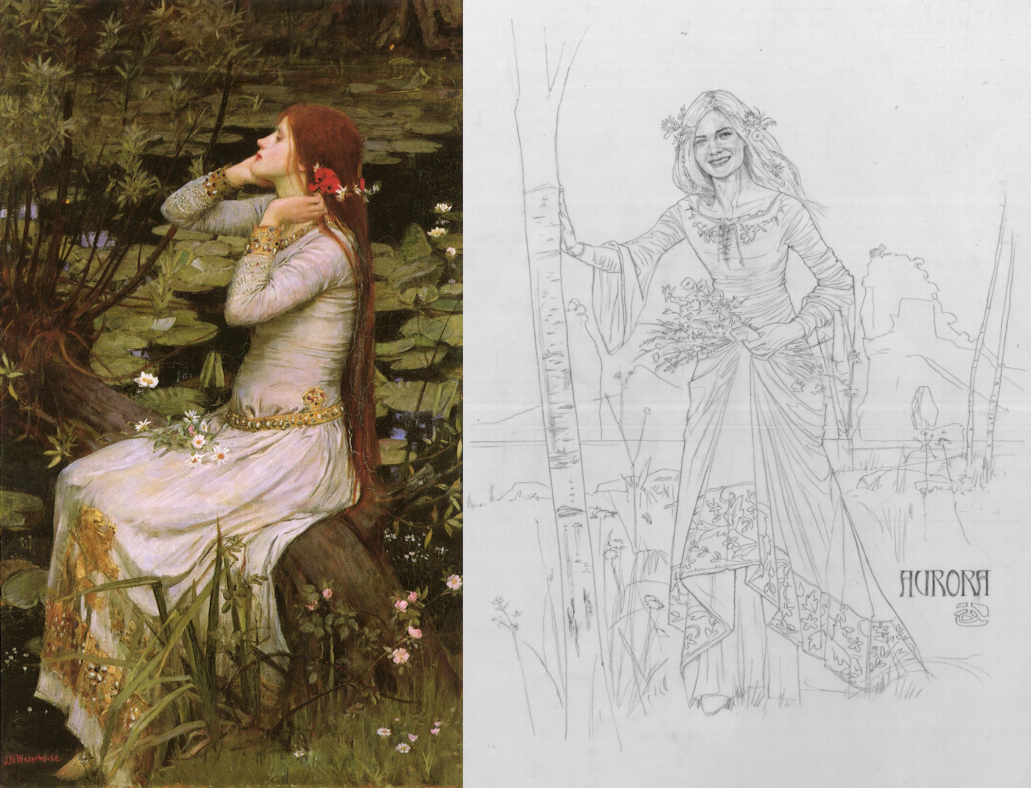 À esquerda: Ophelia (1894), de John William Waterhouse; à direita: croqui de traje de Aurora.