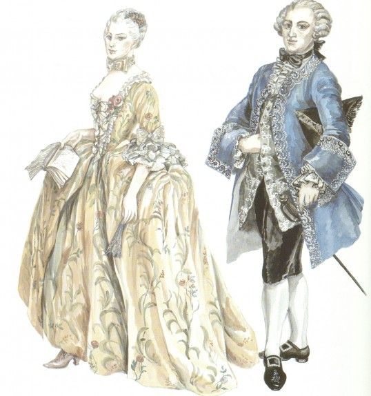 Ilustração que retrata a moda no período Rococó. 