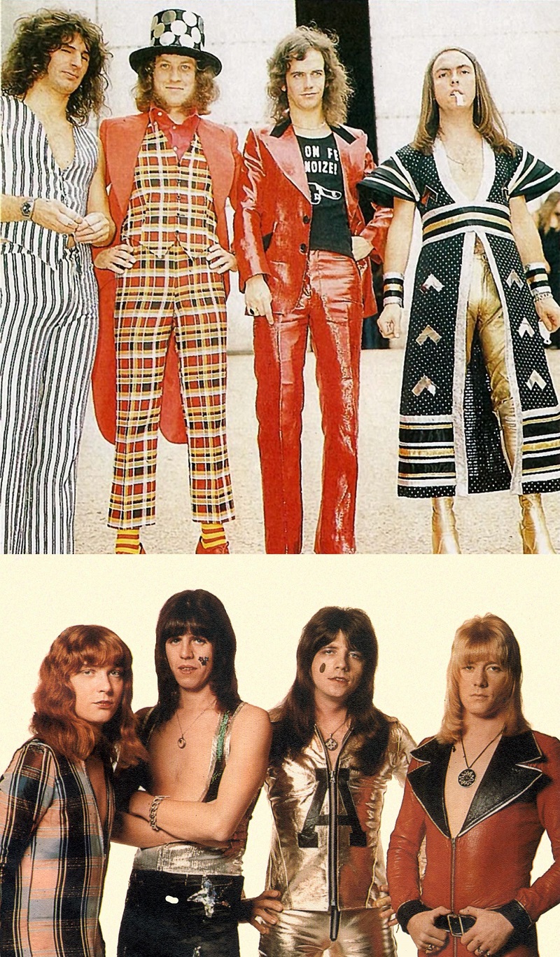 Em cima, a banda Slade em data não determinada e embaixo a banda Sweet em 1973.